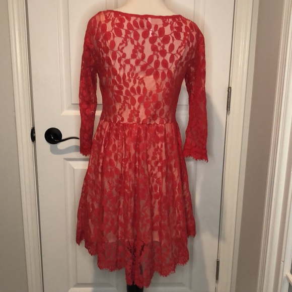 Free People Red Floral Lace Mesh Dress size 8 - Picture 6 of 16